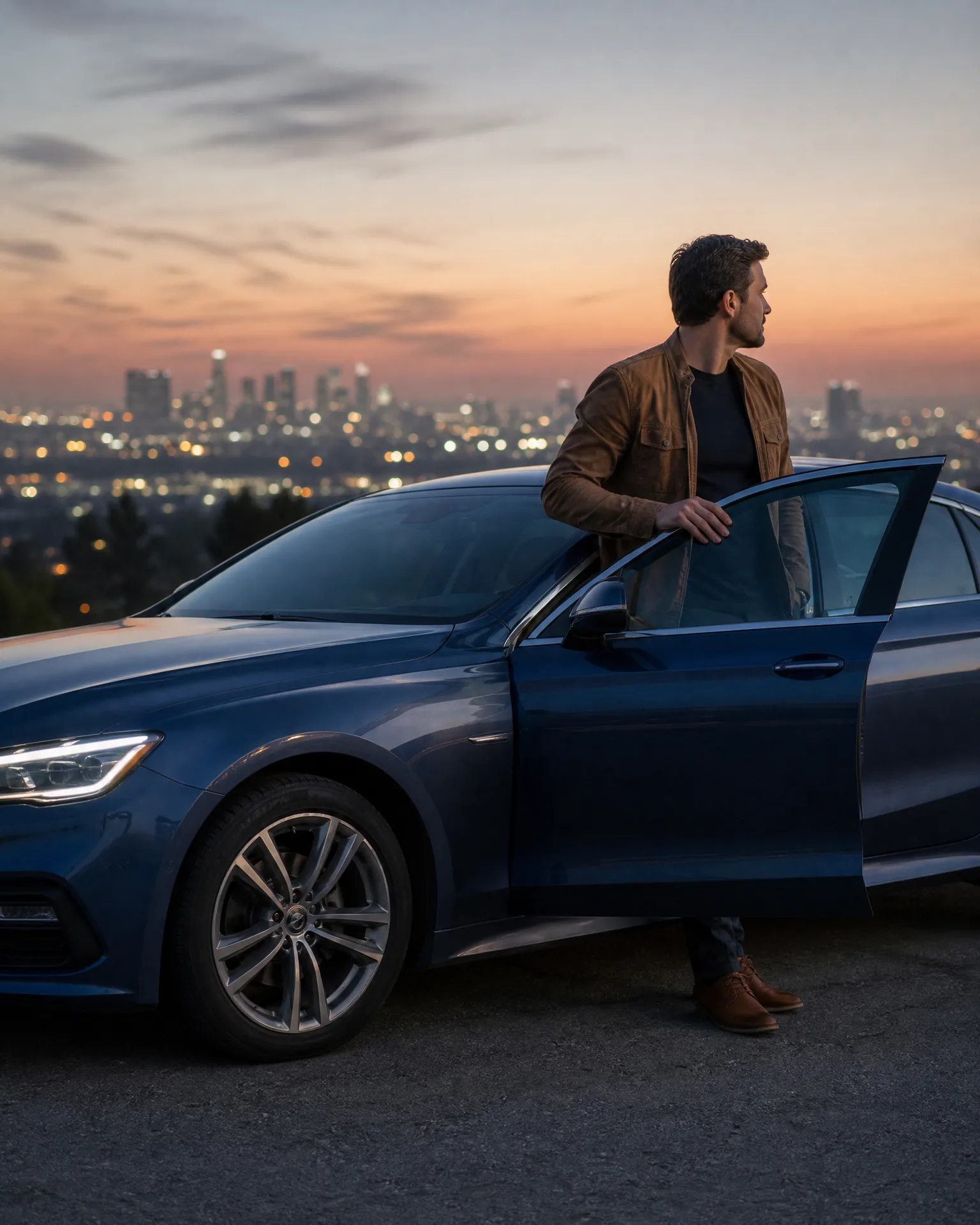 A man in a tan jacket stands in the open driver's door of a dark blue sedan on a gravel overlook, with a blurred city skyline and orange sunset sky behind.
